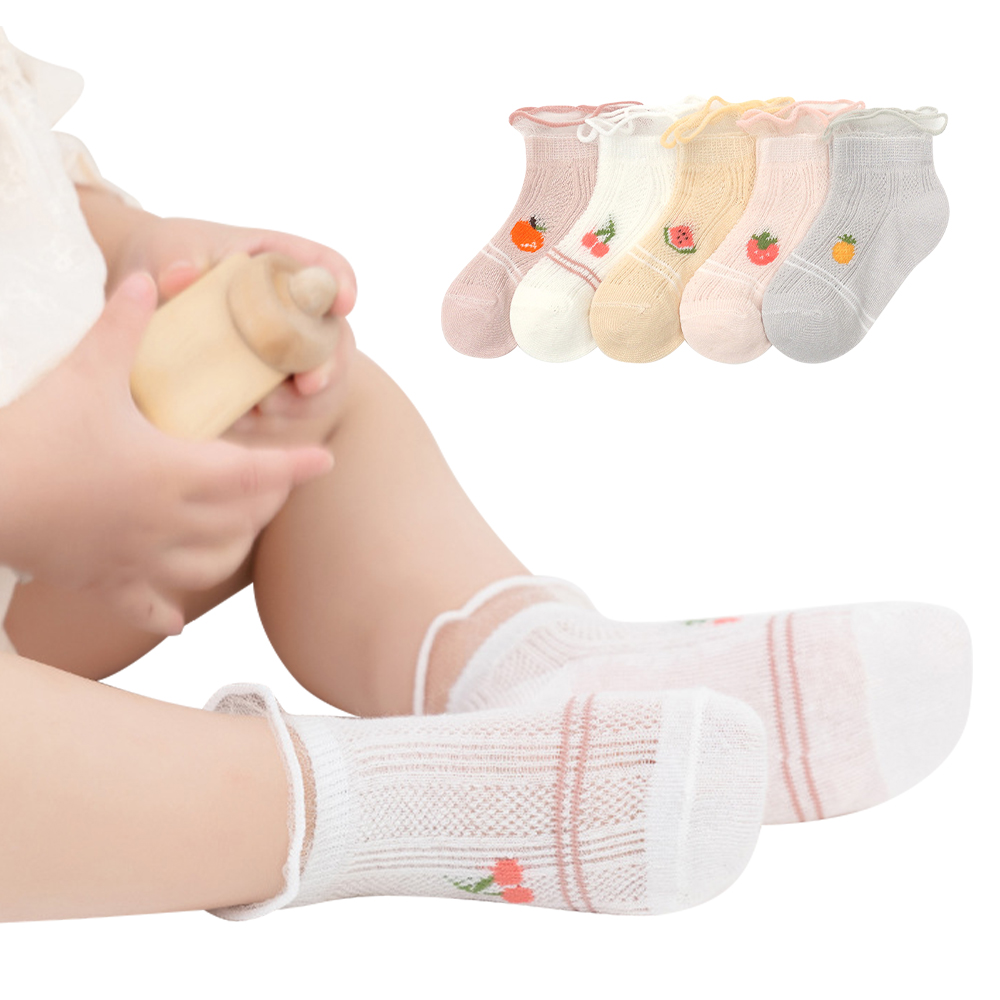 【Mesenfants】5雙入 童襪 春夏卡通兒童襪 立體花邊透氣寶寶襪子 嬰兒襪子 網眼襪子 短筒棉襪