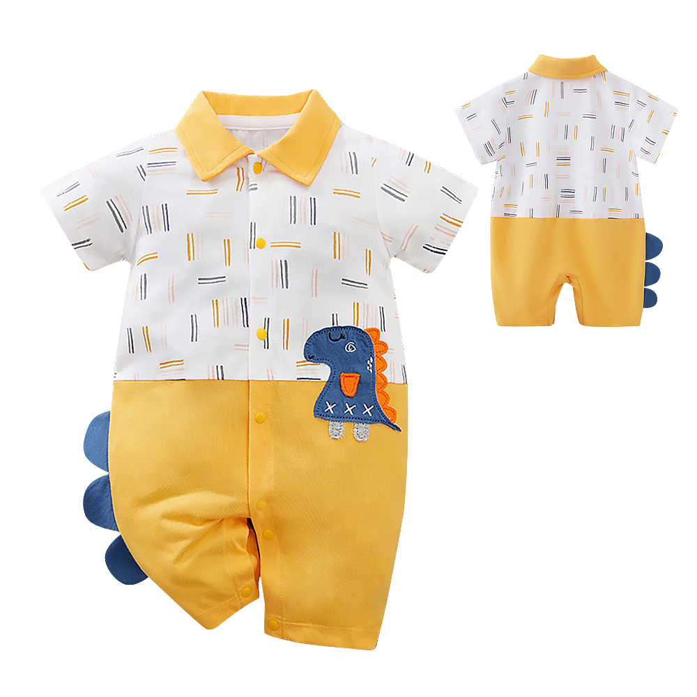 【Mesenfants】寶寶短袖包屁衣 嬰兒連身衣 新生兒恐龍深黃造型服