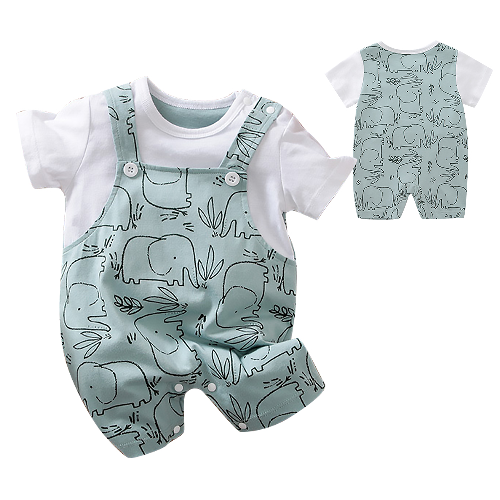 【Mesenfants】寶寶短袖包屁衣 嬰兒連身衣 新生兒綠色大象造型服