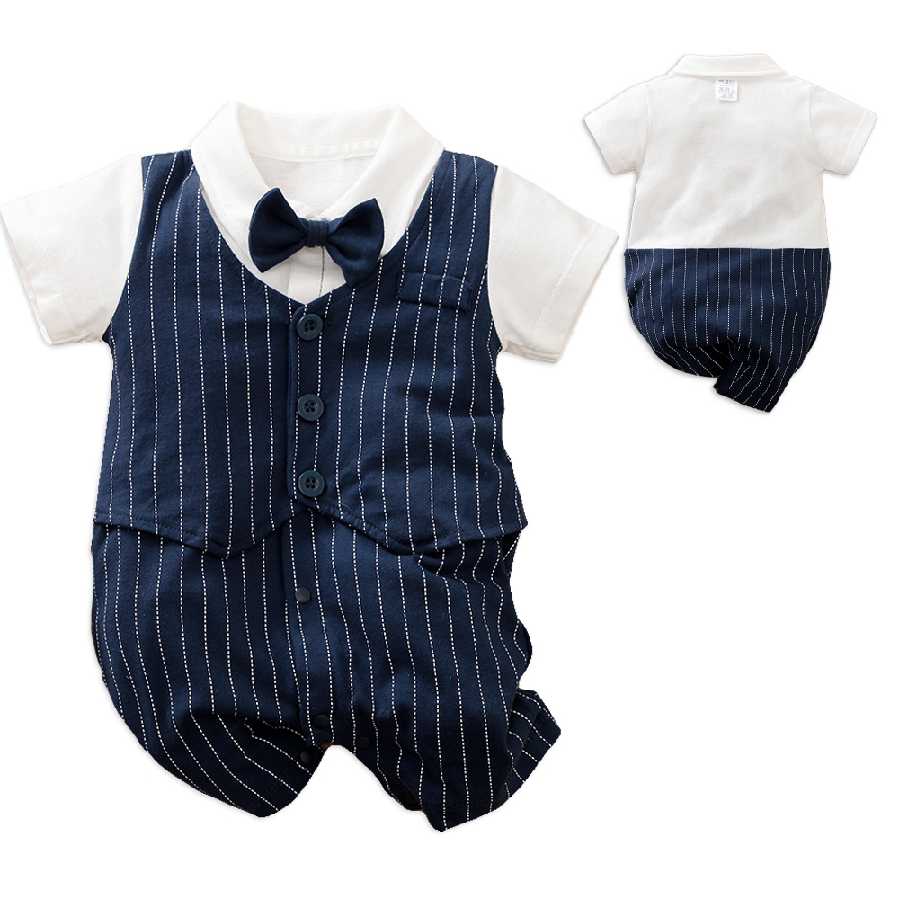 【Mesenfants】包屁衣 嬰兒純棉短袖裝 連身衣 童裝 藏青條紋紳士款