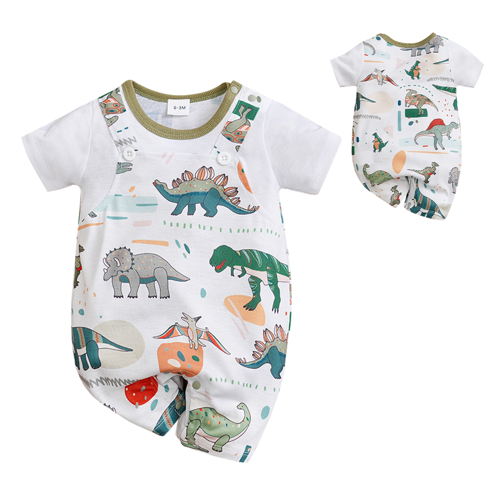 【Mesenfants】寶寶短袖包屁衣 嬰兒連身衣 新生兒綠底恐龍造型服
