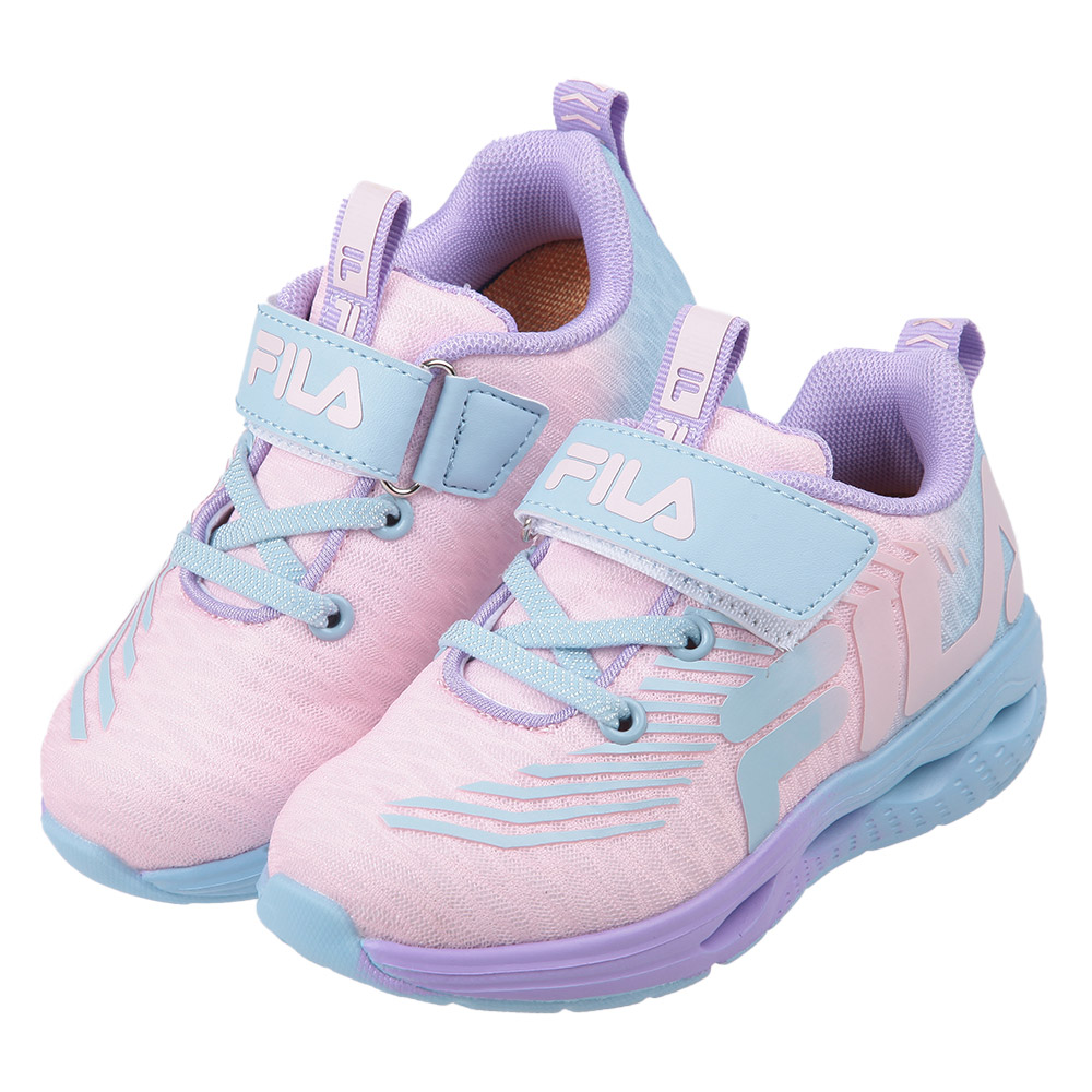《布布童鞋》FILA織紋條紋粉藍兒童電燈運動鞋(16~20公分) [ P4E392G