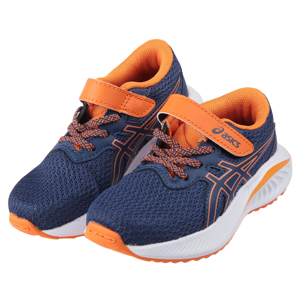 《布布童鞋》asics亞瑟士EXCITE夕陽橘藍色兒童機能慢跑鞋(17~22公分) [ J3X297E