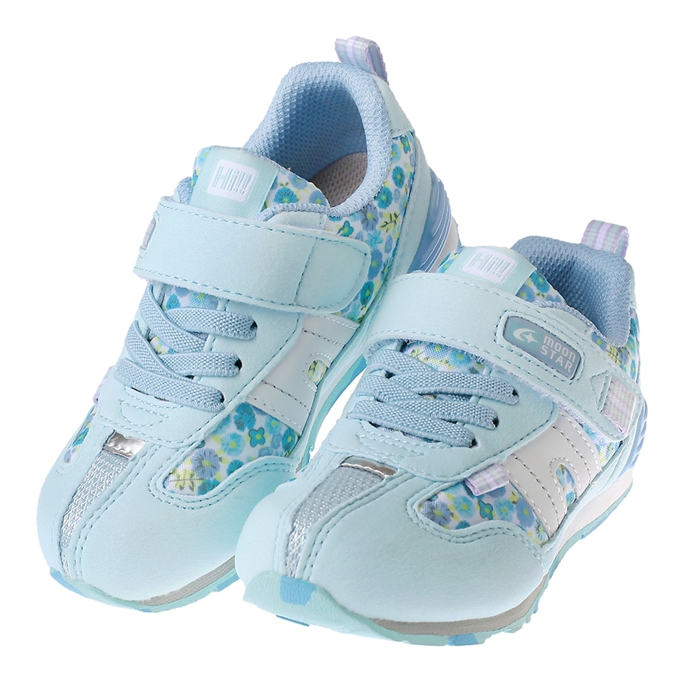 《布布童鞋》Moonstar日本Hi系列碎花淡藍色兒童機能運動鞋(15~19公分) [ I3C269B