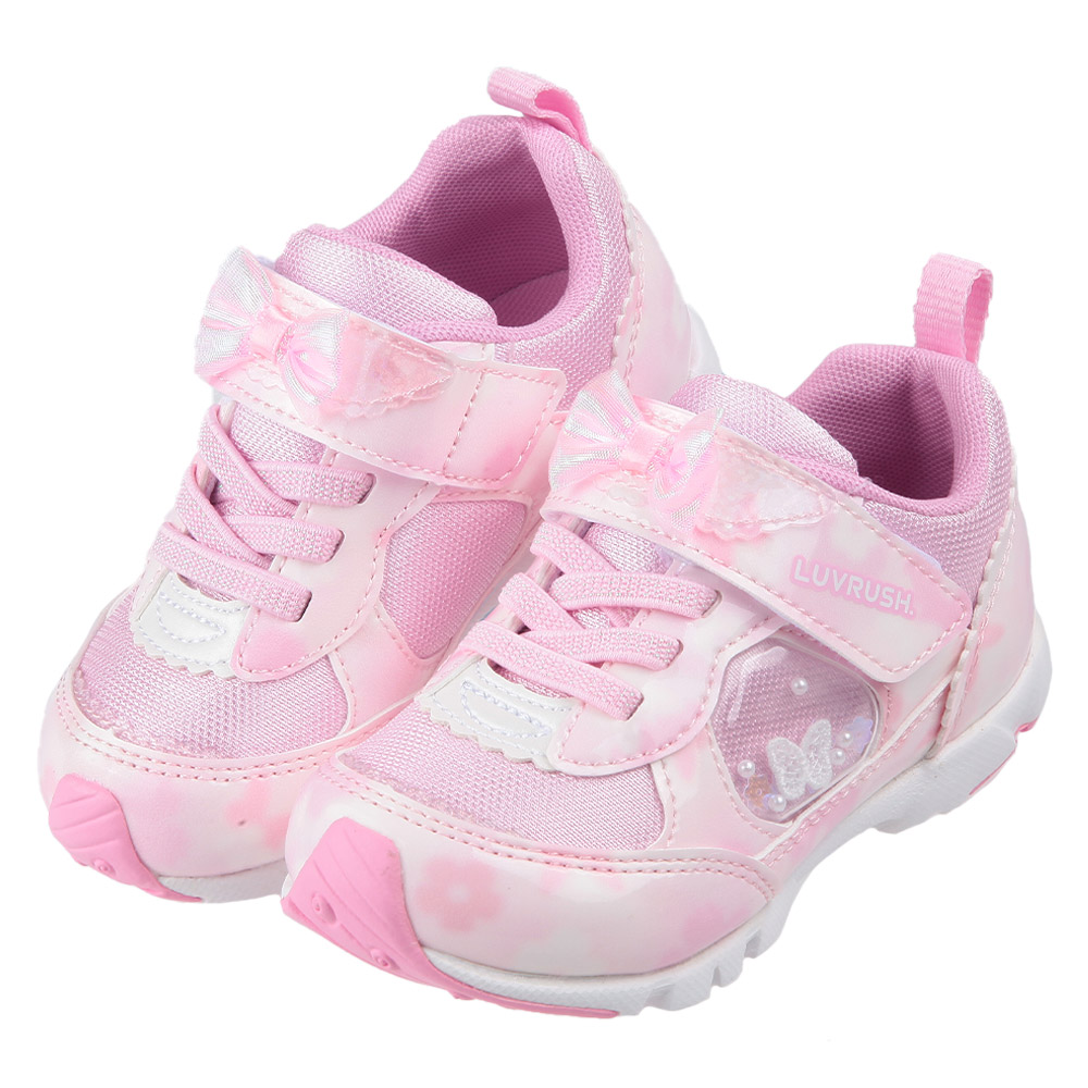 《布布童鞋》Moonstar日本LUVRUSH粉色蝴蝶珠珠兒童機能運動鞋(15~21公分) [ I4H524G