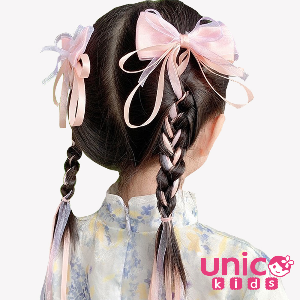 UNICO 兒童超靚長飄帶粉色蝴蝶結編髮全包布邊夾/髮夾-2入