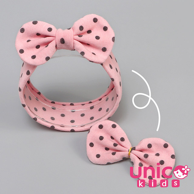 UNICO 兒童波點羊毛絨3戴款造型髮帶-粉色