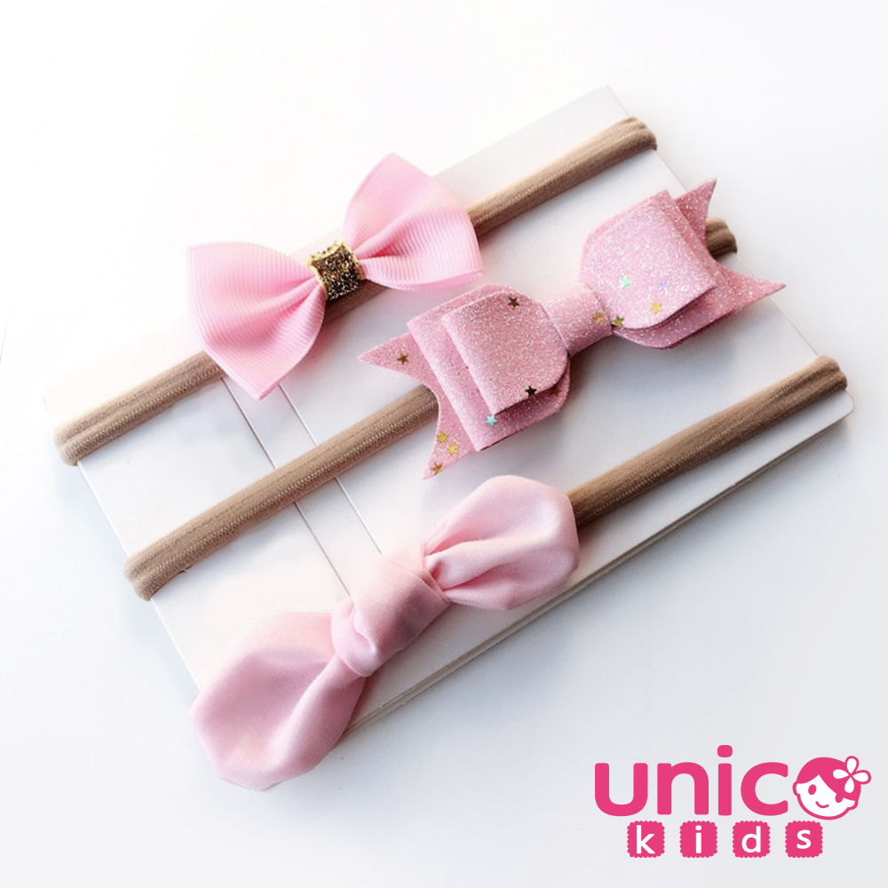 UNICO 歐美 嬰兒寶寶甜美蝴蝶結髮帶3入組-粉色