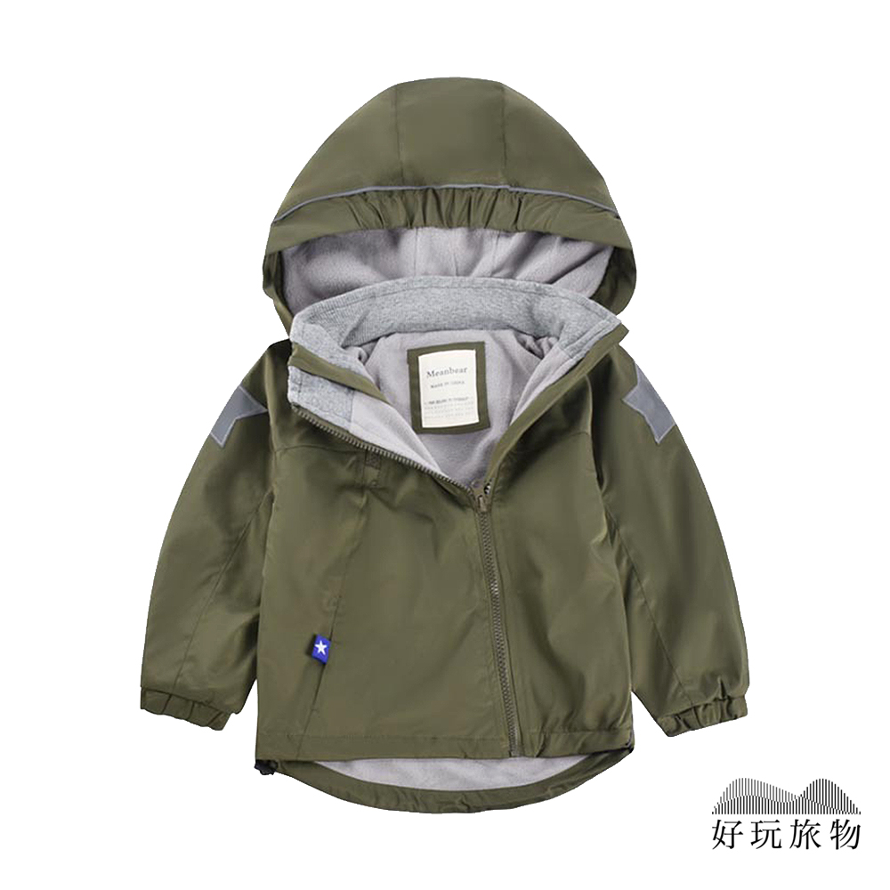 【好玩旅物】軍綠色_兒童輕量雙拉鍊搖粒絨防水保暖禦寒衝鋒外套 兒童外套 (90~140碼)