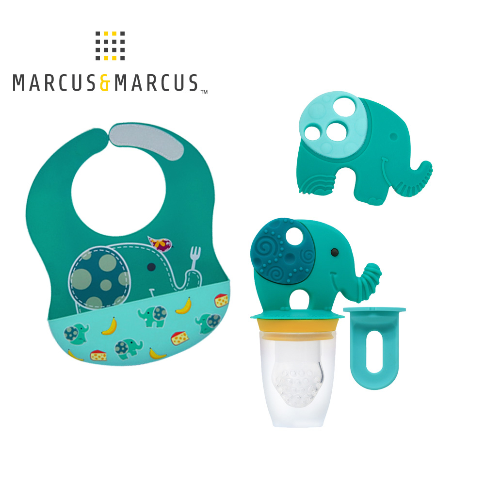 MARCUS＆MARCUS 口腔訓練3入組(大口袋圍兜+咬咬輔食組+固齒玩具)-湖水綠