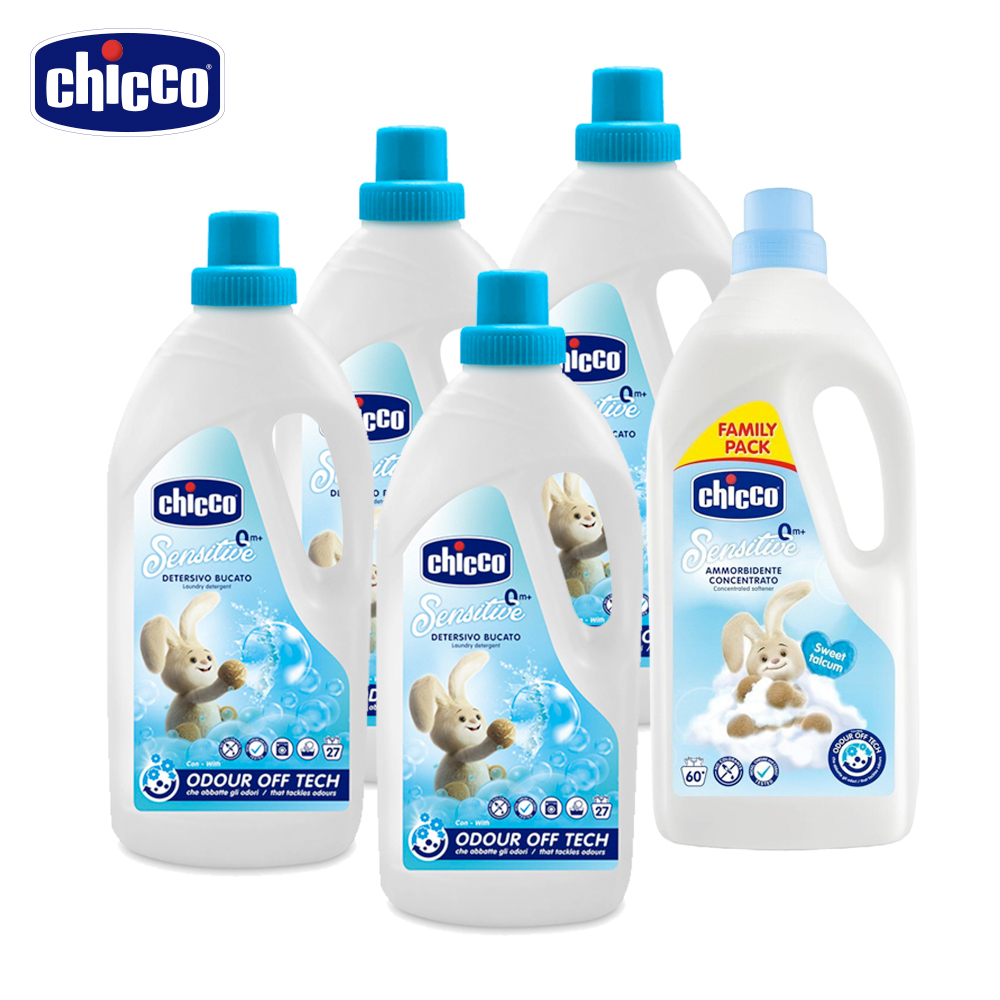【chicco】超濃縮嬰兒洗衣精(升級版)1.5L-4入＋超濃縮嬰兒衣物柔軟精-甜蜜爽身1500ml-1入
