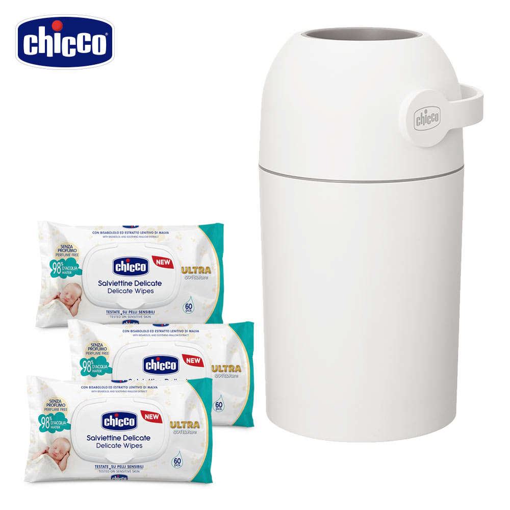 chicco-尿布處理器/異味密封+超純淨潔膚柔濕巾(盒蓋60抽)3包