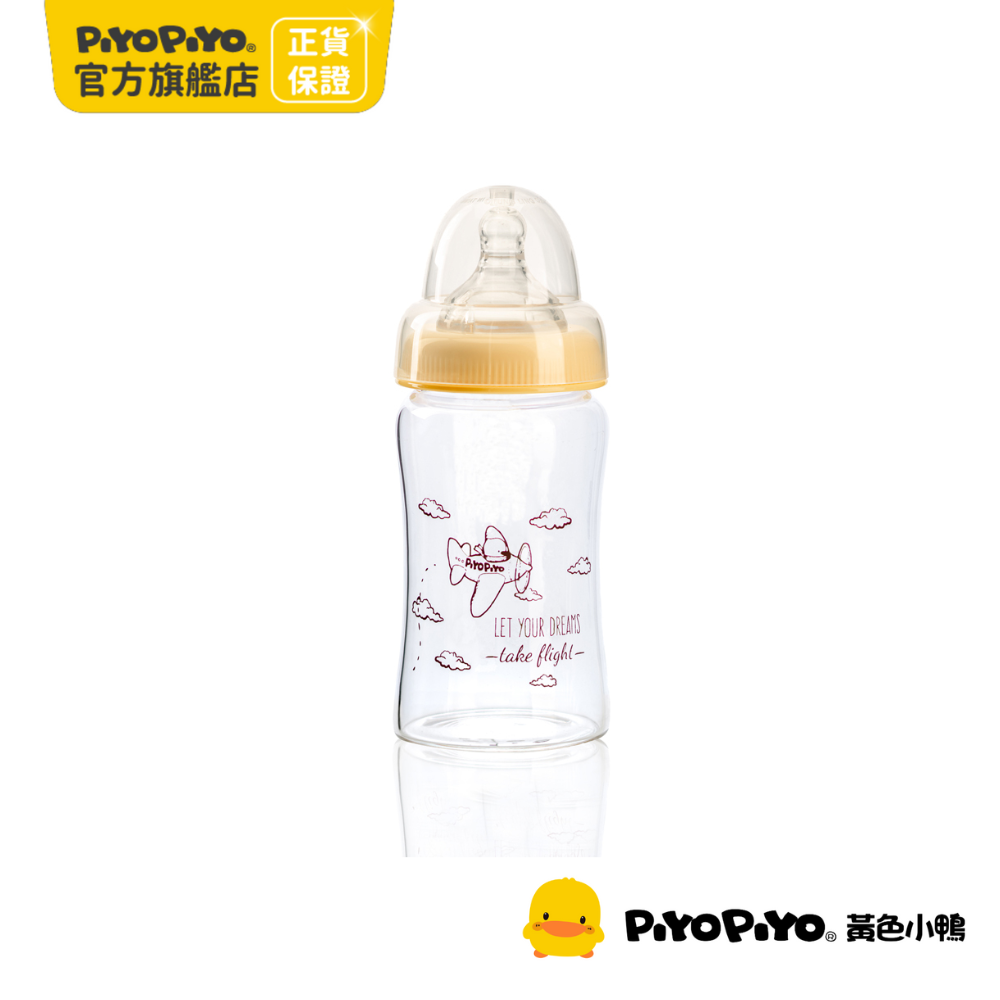 PiyoPiyo 黃色小鴨 媽咪乳感玻璃寬口奶瓶(180ml)