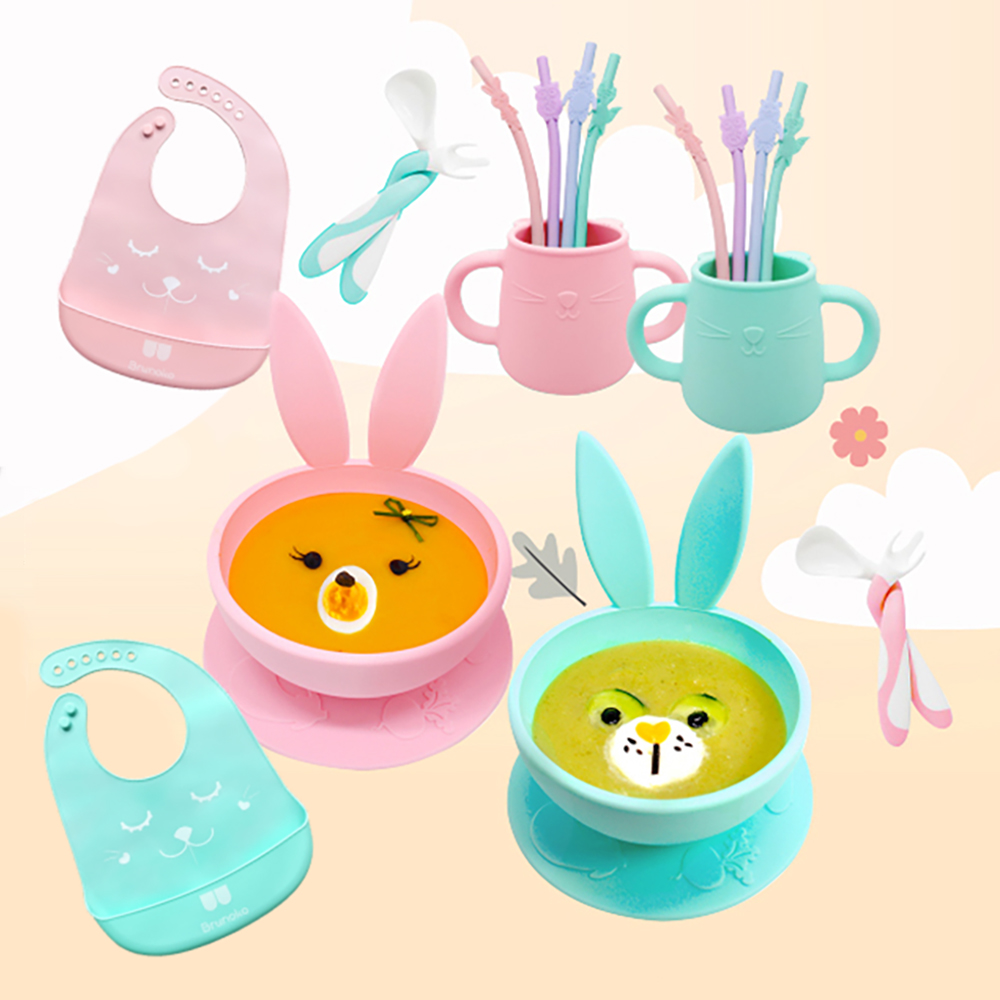 【西班牙BRUNOKO】兔子碗 5合1 嬰兒餐具 (碗/勺子叉子組/嬰兒圍兜/兒童杯/矽膠吸管)
