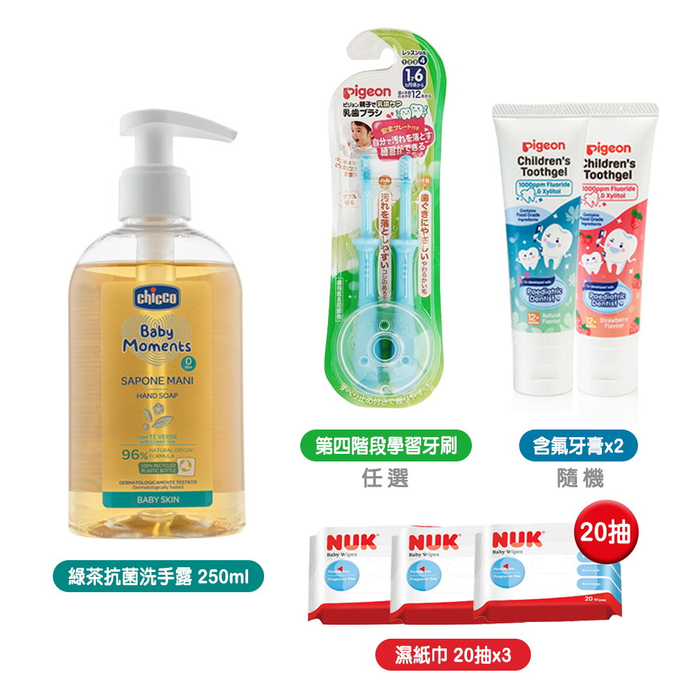 Chicco 寶貝嬰兒植萃綠茶抗菌洗手露250ml+NUK濕紙巾20抽x3+Pigeon第四階段學習牙刷2入+含氟牙膏隨機x2