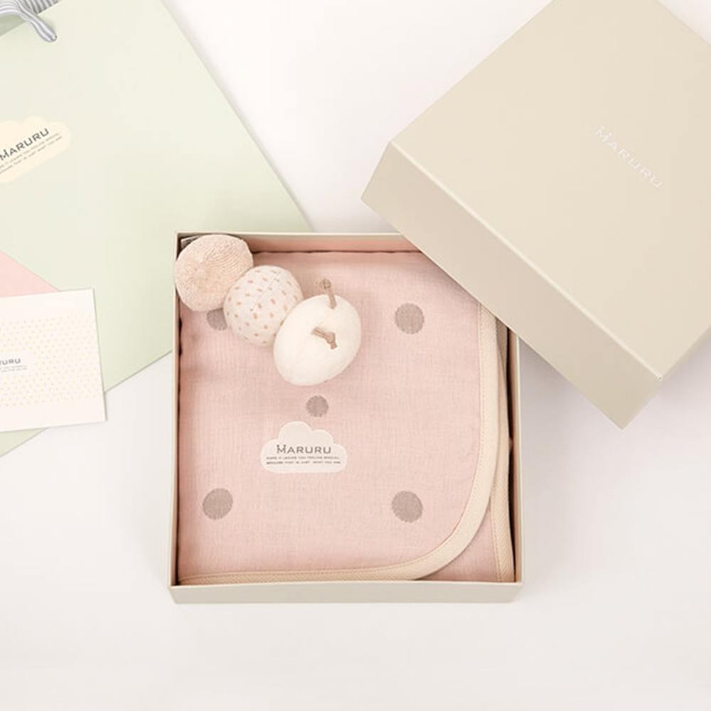 MARURU 禮盒組 日本製五層紗被嬰兒粉 手搖鈴組 70x50cm