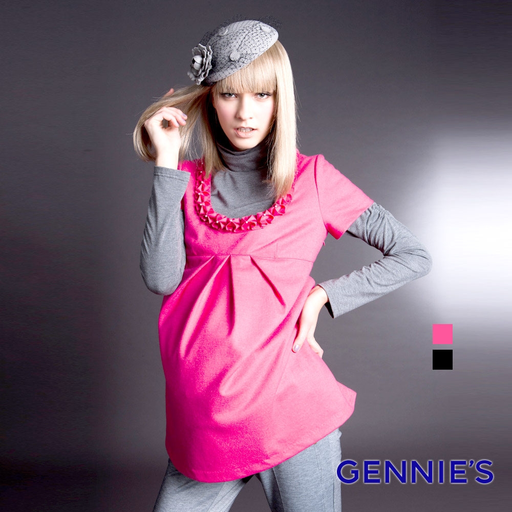 Gennies奇妮 010系列-珍珠雕花羊毛長版上衣(桃/黑T3214)
