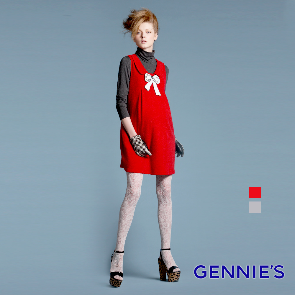 Gennies奇妮 010系列-可愛蝴蝶結背心洋裝(紅/灰T2447)