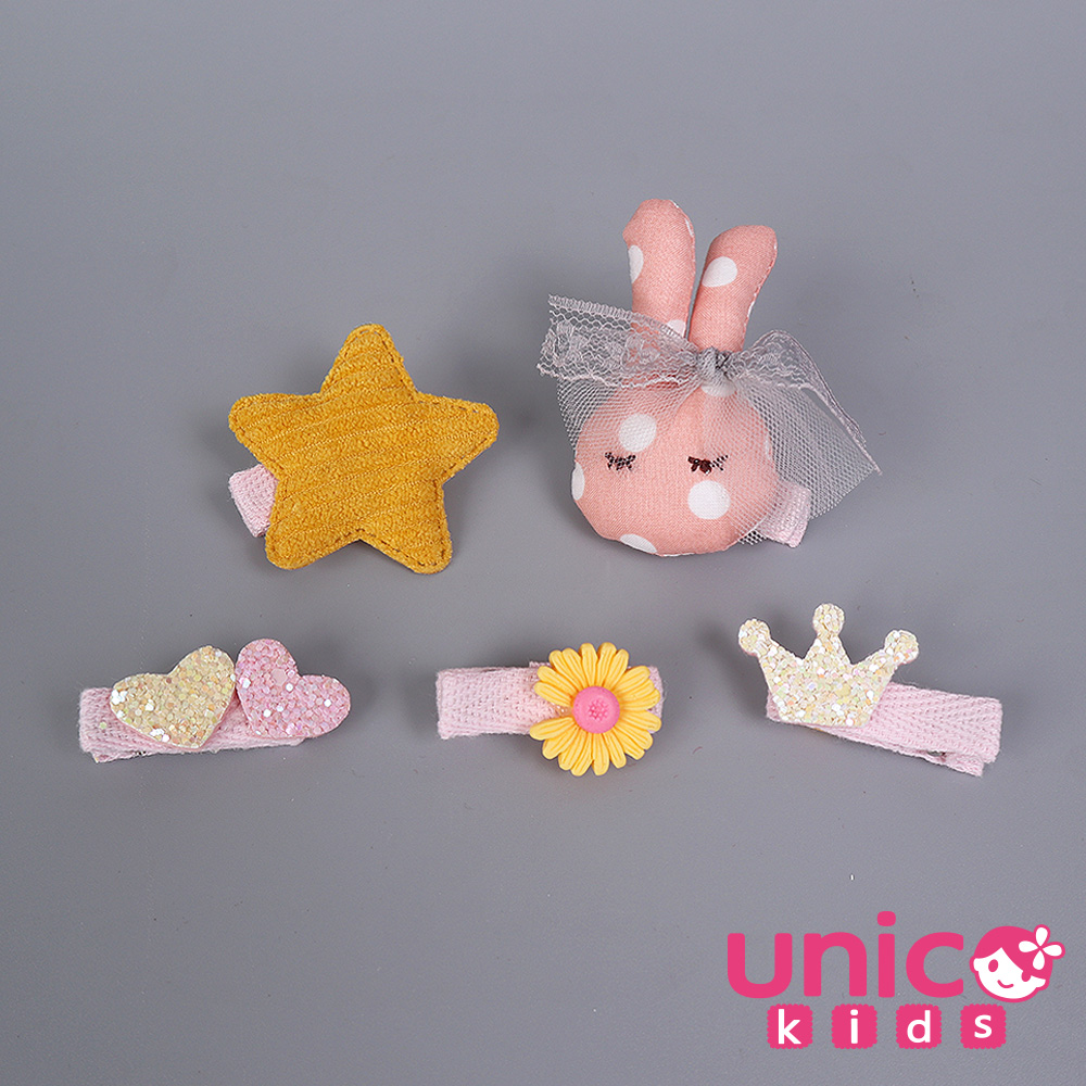 UNICO 兒童甜美蕾絲兔兔皇冠星星全包邊布邊夾髮夾-5入