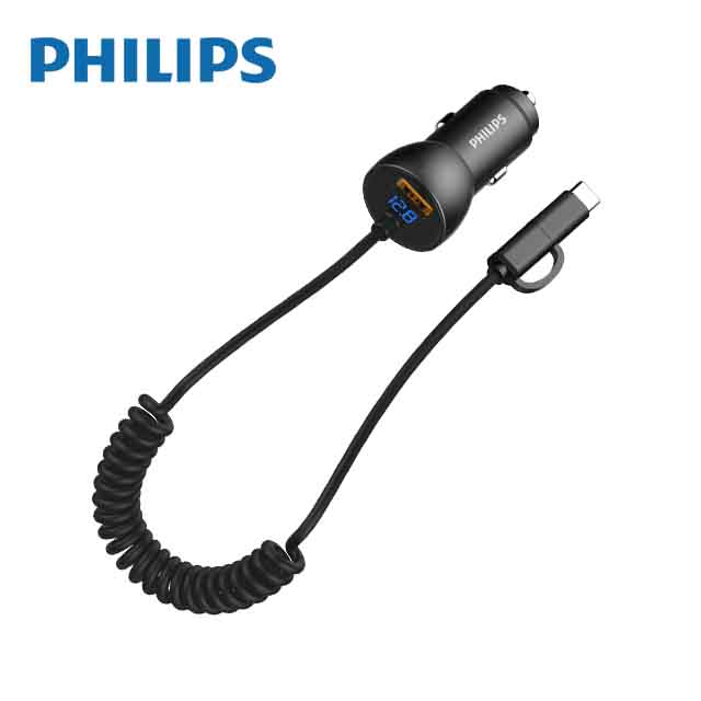 PHILIPS飛利浦 電壓顯示 QC3.0 30W帶USB+Type-C雙用線車充 DLP3526C