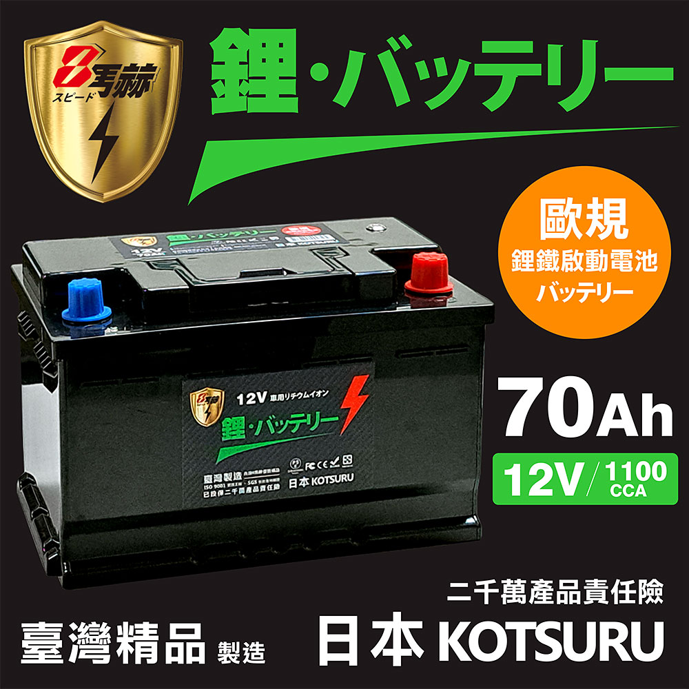 【KOTSURU】57117-70 8馬赫 【歐規】汽車電瓶 鋰鐵啟動電池 12V 70AH 1100CCA (電極左負右正)
