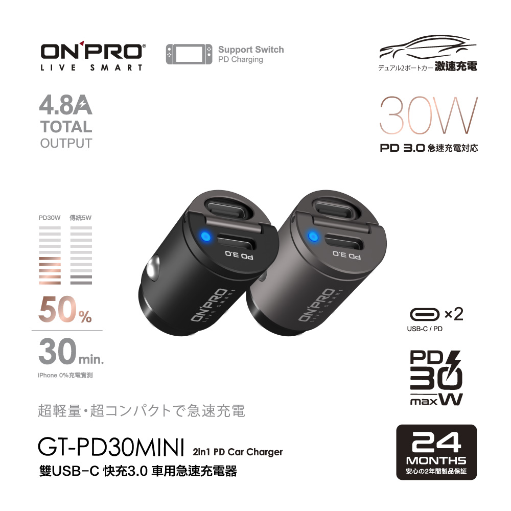 ONPRO GT-PD30MINI 30W 隱藏式雙Type-C車用PD快充充電器