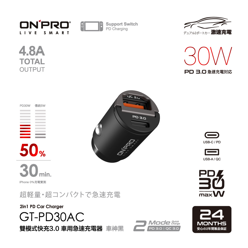 ONPRO GT-PD30AC 30W 隱藏式雙模式車用PD快充充電器