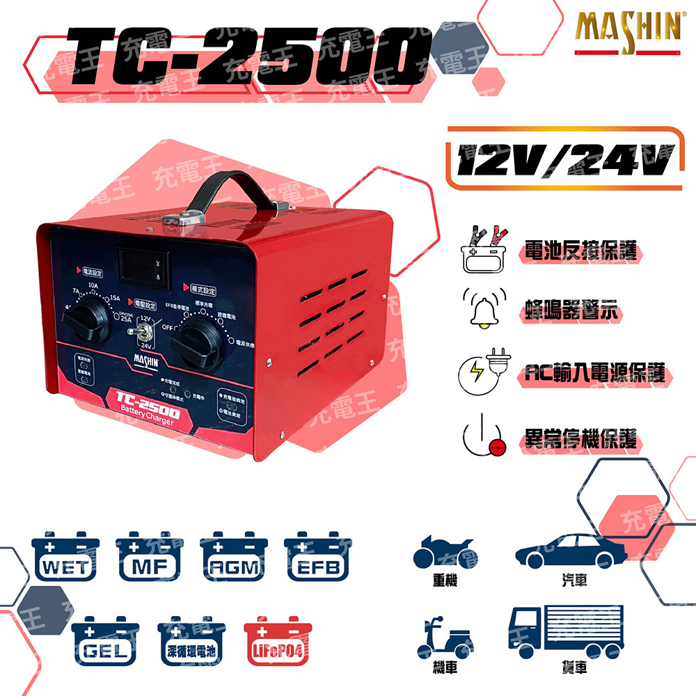 麻新 TC-2500 12/24V 汽機車專用微電腦全自動充電器