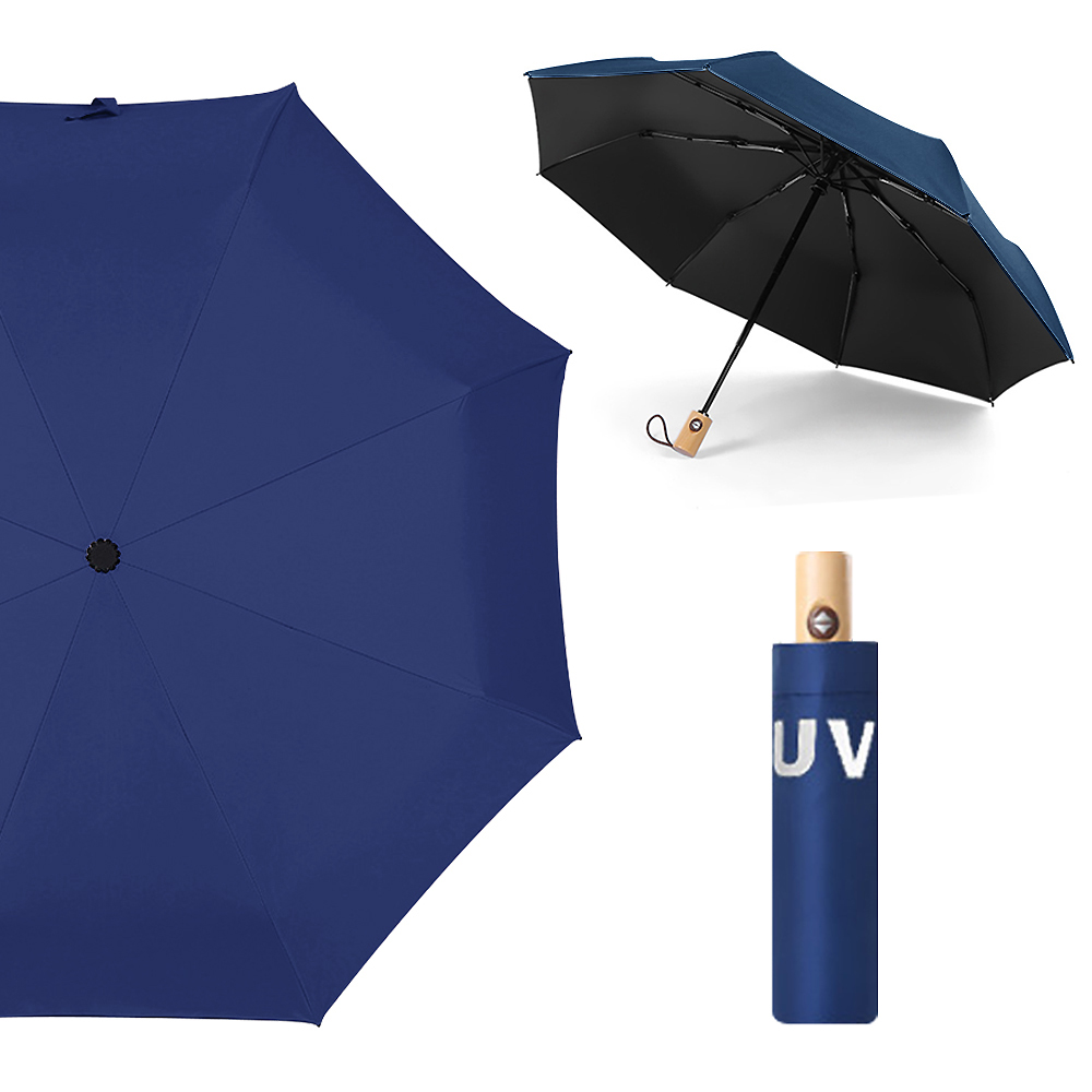 【幸福揚邑】降溫抗UV防風防撥水大傘面全自動開收木柄晴雨摺疊傘-深藍