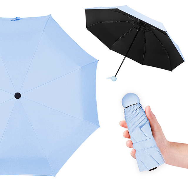 【幸福揚邑】抗UV降溫8骨防風防潑水大傘面五折迷你晴雨口袋傘-淺藍