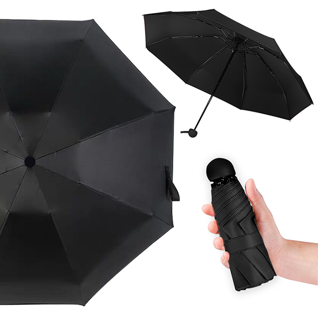 【幸福揚邑】抗UV降溫8骨防風防潑水大傘面五折迷你晴雨口袋傘-黑