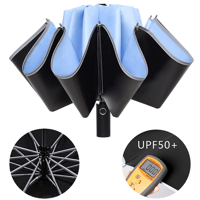 【幸福揚邑】抗UV降溫10骨防強風防潑水反光條大傘面全自動UPF50+反向晴雨折疊傘-淺藍