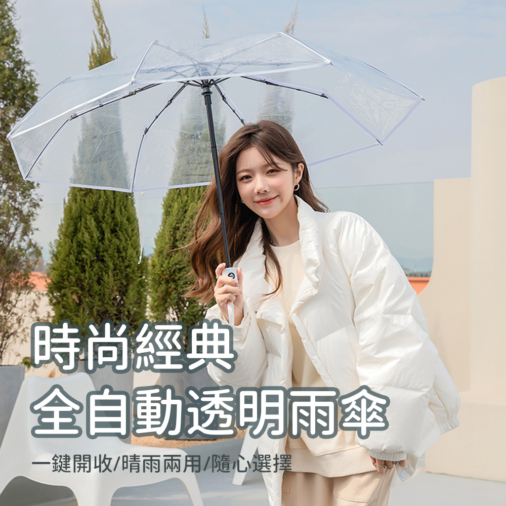 OMG 時尚透明雨傘 加厚折疊三折傘 自動開合傘 IG熱門雨傘 透明白