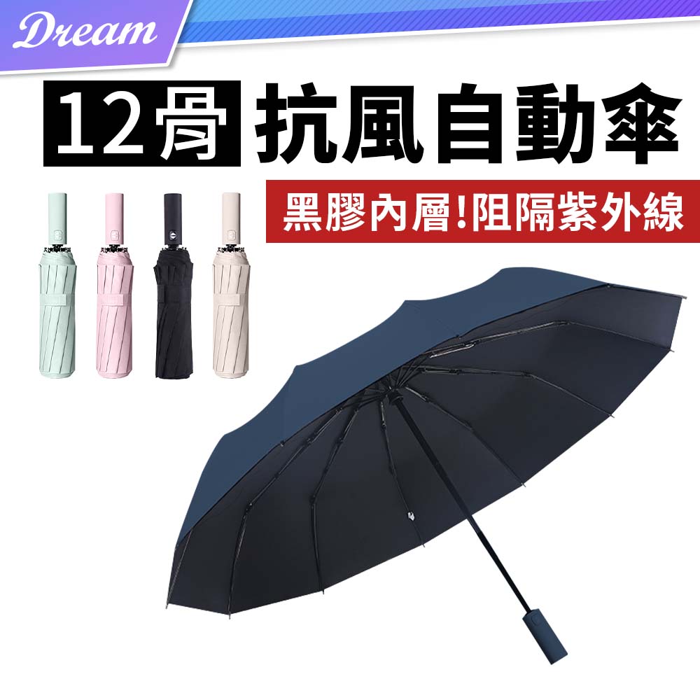 十二骨防風自動傘【多色可選】(加大傘面/黑膠傘布) 自動折疊傘 晴雨傘 雨傘