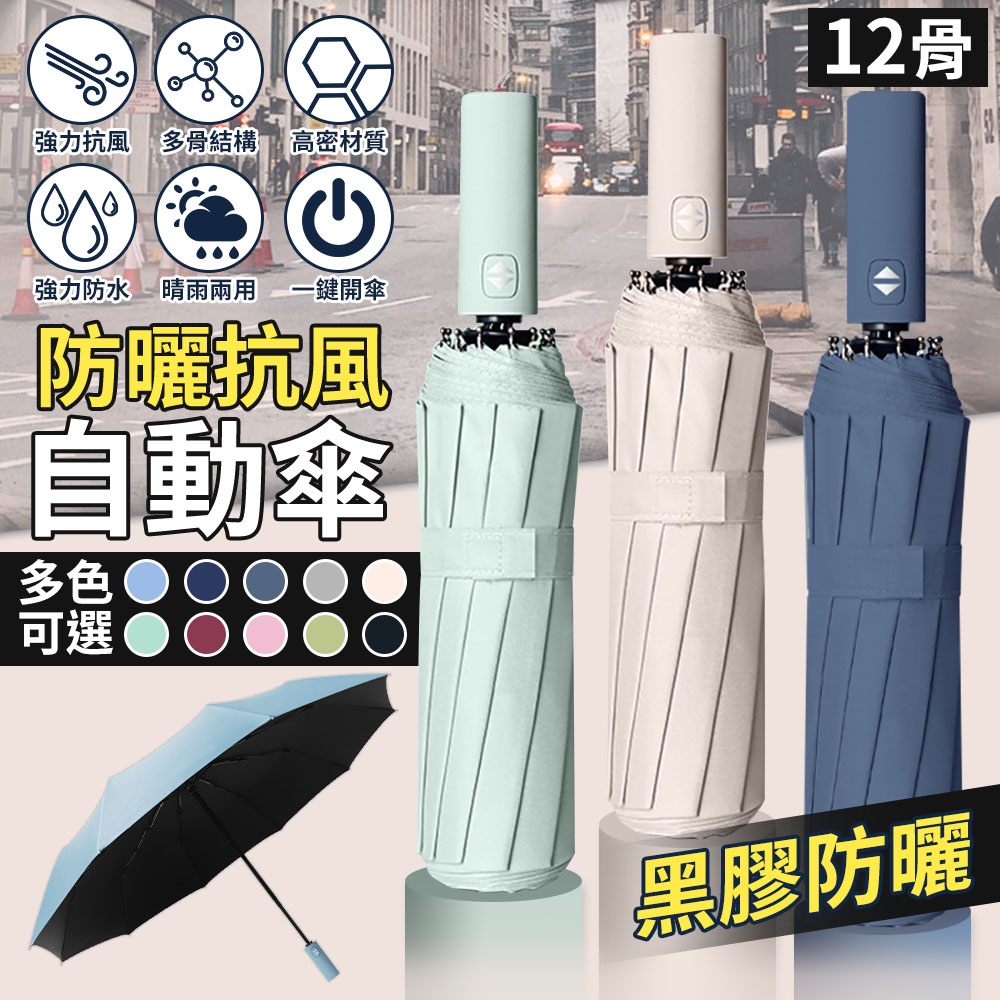 【黑膠款-12骨｜塵霧綠】超大傘面自動傘 自動摺疊傘 加大傘面 防曬雨傘 一鍵開收 雨傘