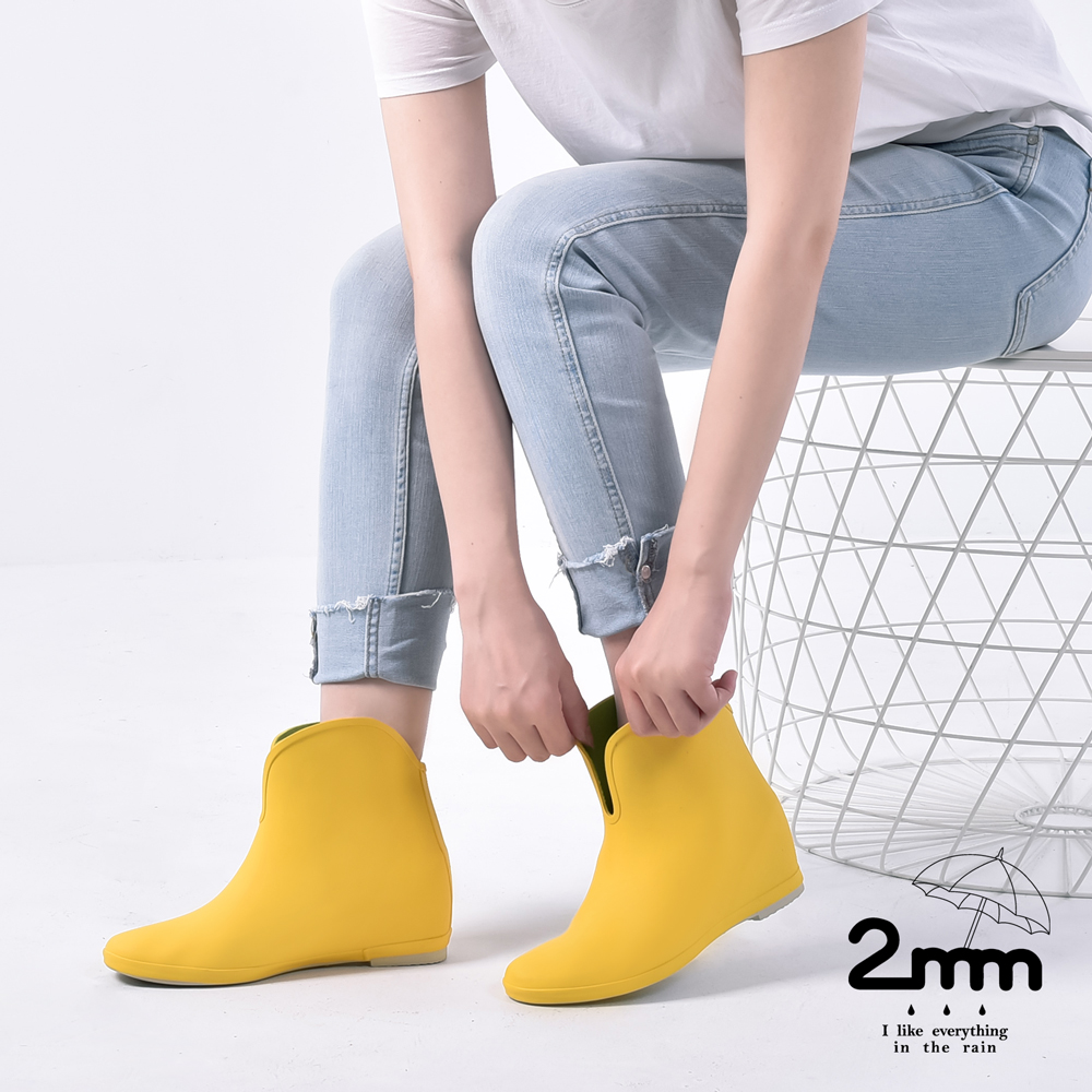2mm 日系繽紛時尚 內增高輕量短筒雨靴/雨鞋 檸檬黃(36-39)