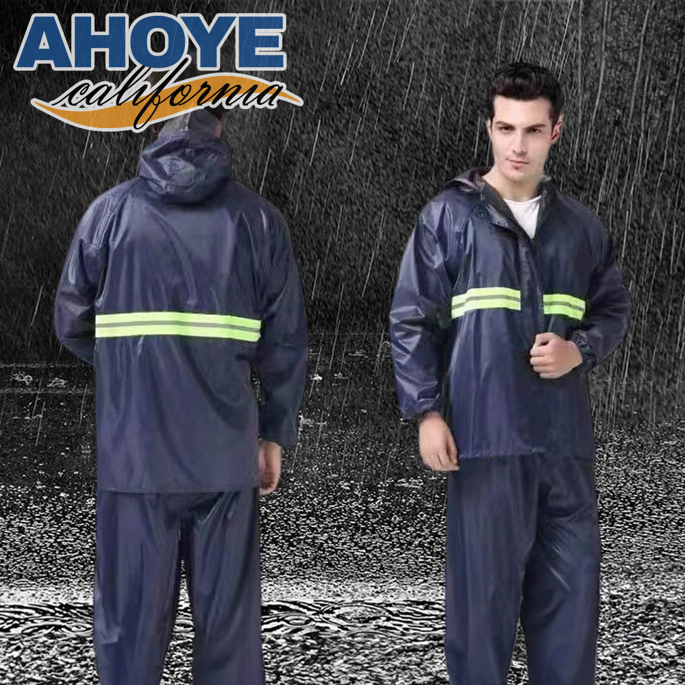 【AHOYE】超強防水安全反光條兩件式雨衣 藏青 (雨褲 防風雨衣 拉鍊雨衣)