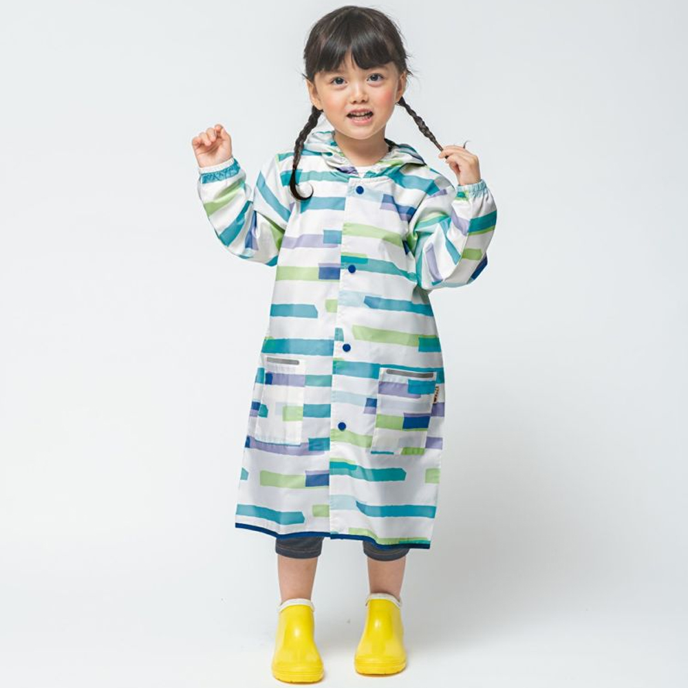 日本Wpc. 湖藍橫紋M 空氣感兒童雨衣/防水外套 附收納袋(95-120cm)