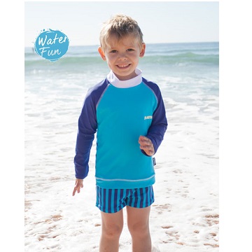 澳洲鴨嘴獸兒童泳衣 防曬長袖上衣+平口褲套組 小男2-8歲 湛淺藍條