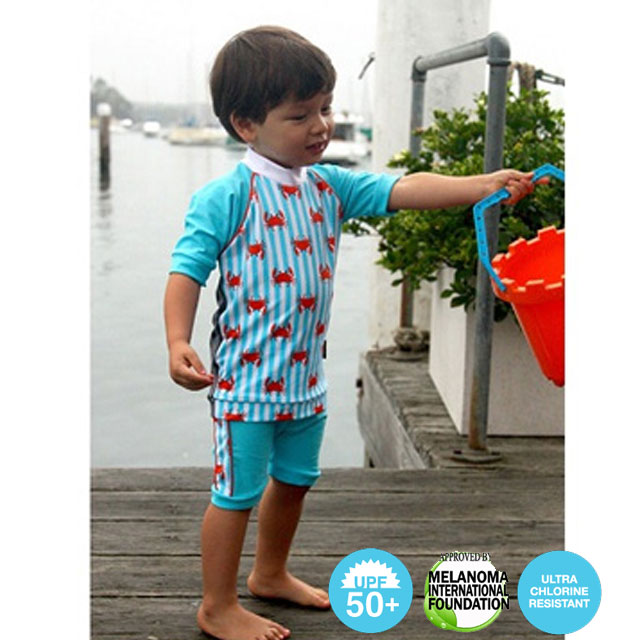 澳洲鴨嘴獸兒童泳衣 防曬短袖上衣+游泳馬褲套組 小男1-2歲 小螃蟹系列