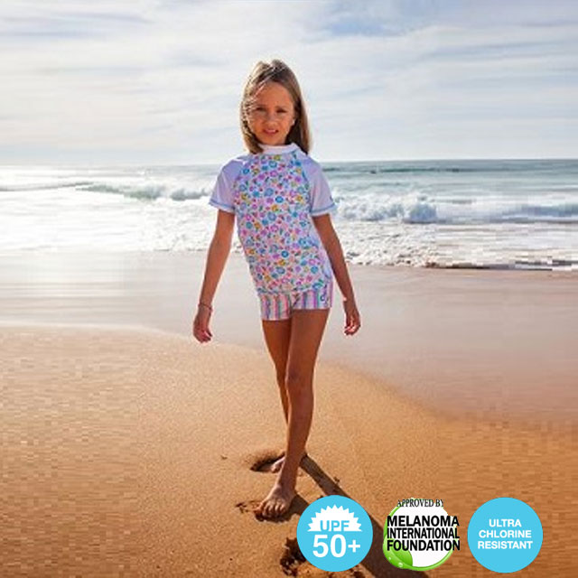 澳洲鴨嘴獸兒童泳衣 防曬短袖上衣+平口短褲套組 小女4-8歲 花朵系列