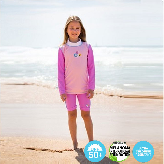 澳洲鴨嘴獸兒童泳衣 防曬長袖上衣+馬褲套組 小女4-8歲 花朵系列