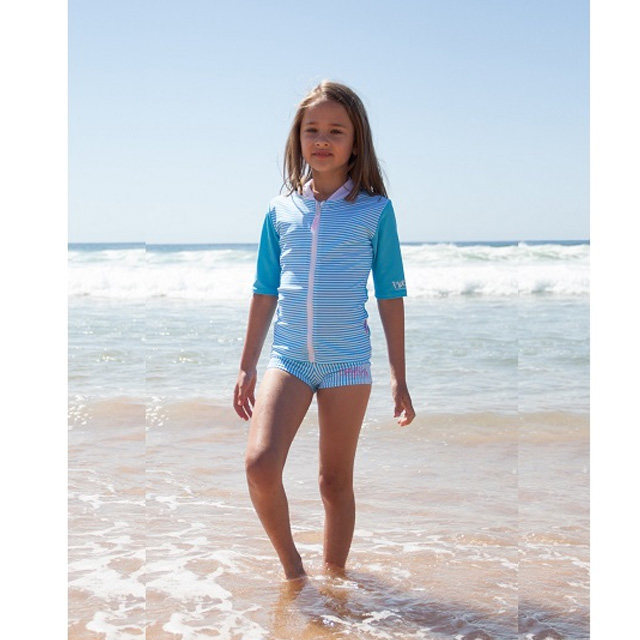 澳洲鴨嘴獸兒童泳衣 防曬半長袖上衣夾克 小女4-8歲 藍寶石條紋