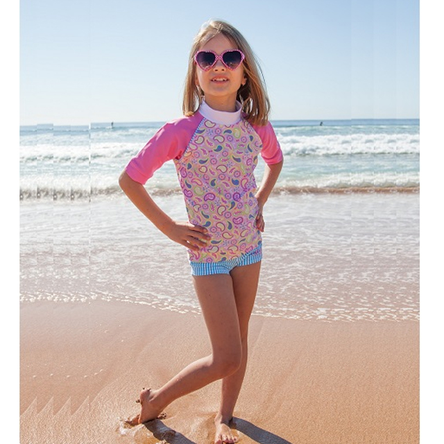 澳洲鴨嘴獸兒童泳衣 防曬短袖上衣+平口短褲 小女4-8歲 渦旋紋花