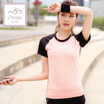 【品樂．Ownn Yoga】韓版春夏瑜伽路跑健身有氧短袖上衣(橘衣黑袖，單上衣)