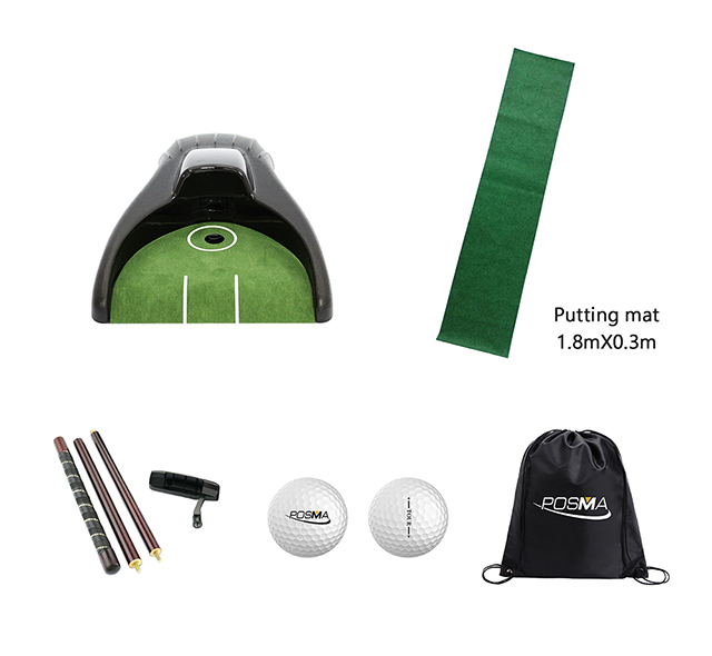 Posma PG150D 高爾夫自動回球器套組-貝殼款+練習草皮+可拆式木質推桿+Posma 高爾夫球+Posma束口後背包