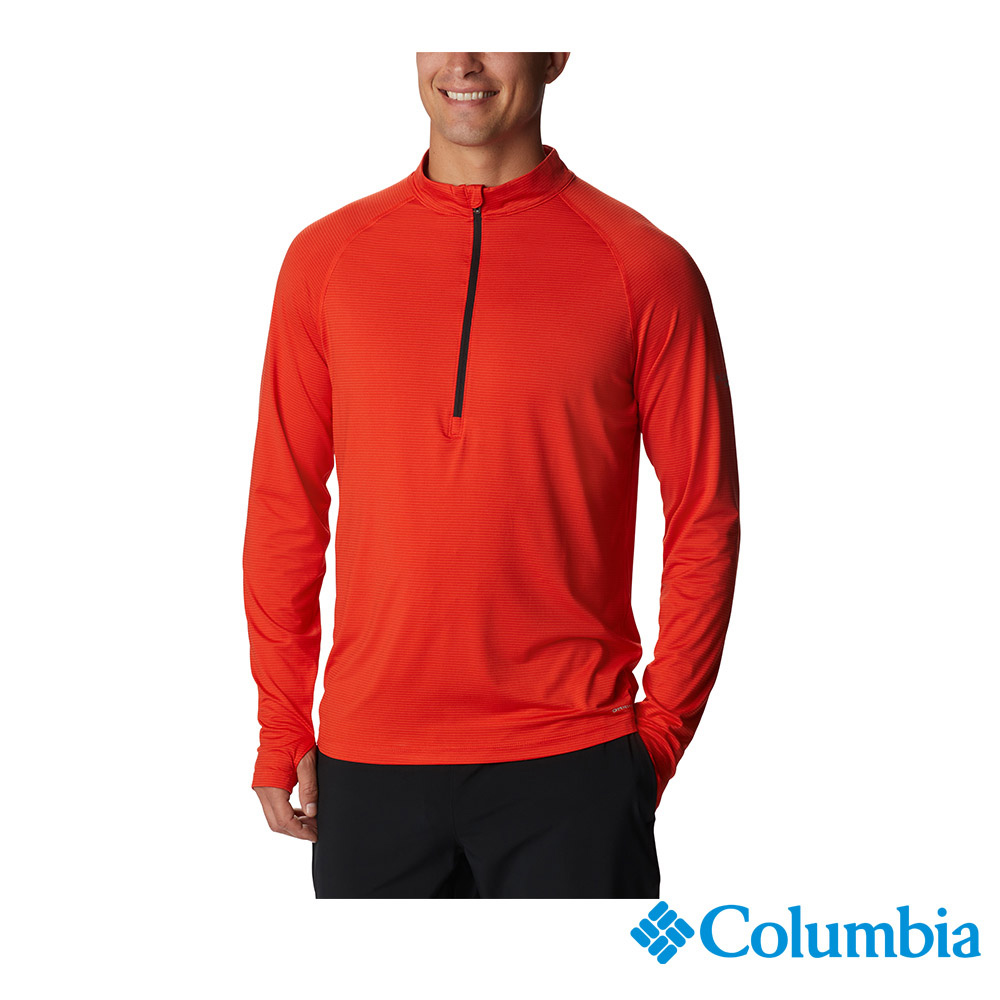 Columbia 哥倫比亞 男款-Omni-Wick野跑UPF50快排半開襟上衣-橘紅 UAE45560AH (2023春夏)