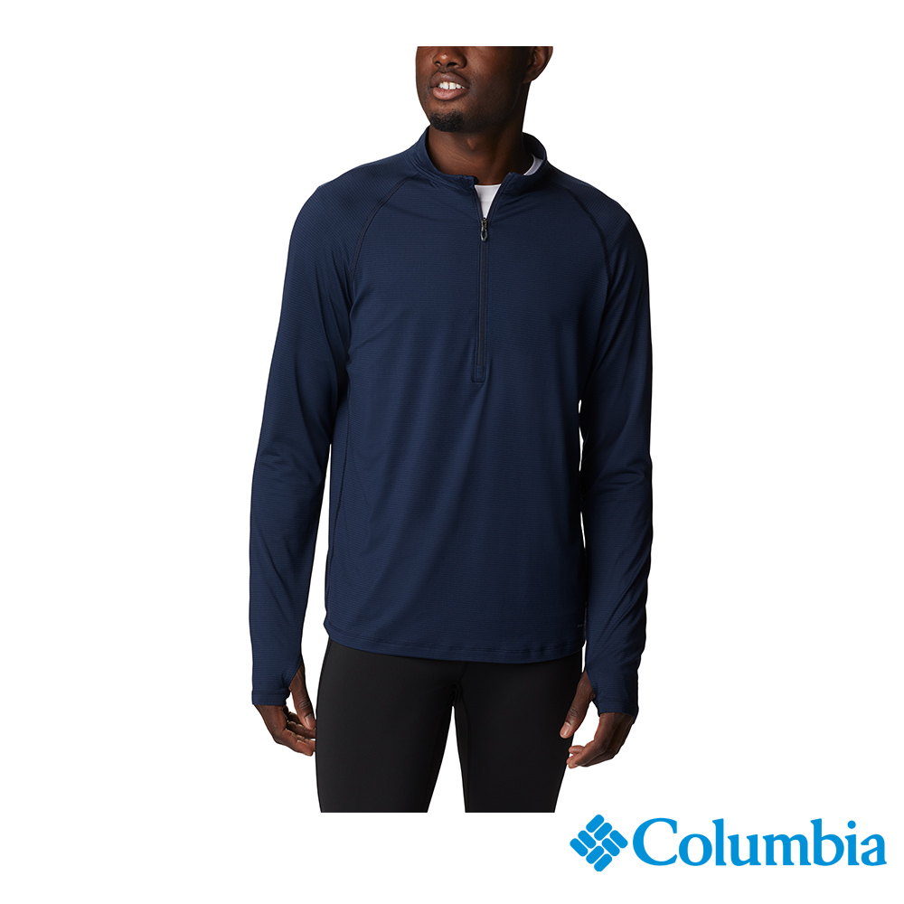 Columbia 哥倫比亞 男款-Omni-Wick野跑UPF50快排半開襟上衣-深藍 UAE45560NY (2023春夏)