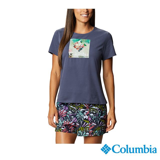 Columbia哥倫比亞 女款-快排短袖上衣-藍印花 UAR31230TY