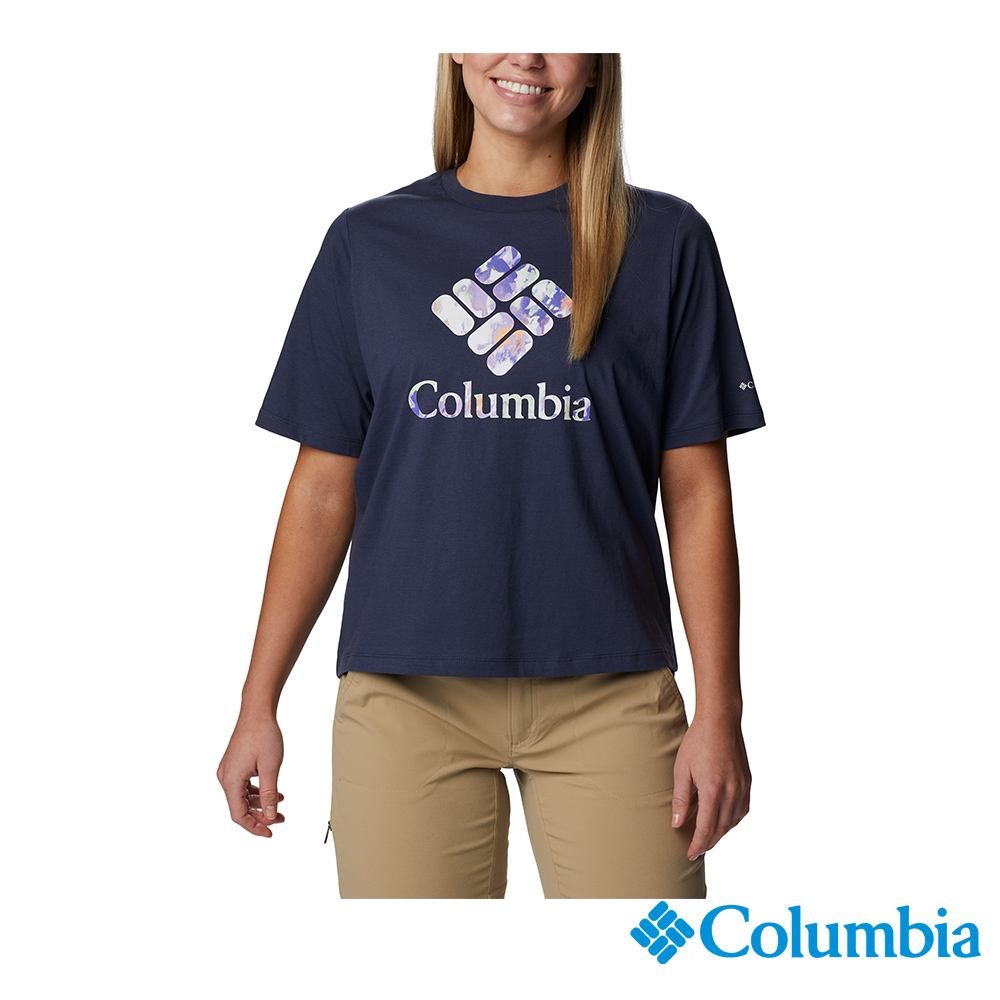 Columbia 哥倫比亞 女款-LOGO短袖上衣-深藍 UAR35450NY (2023春夏)